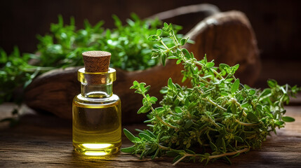 Bottle of thyme essential oil with fresh thyme twigs and other bottles in the background - obrazy, fototapety, plakaty