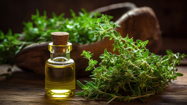 Bottle of thyme essential oil with fresh thyme twigs and other bottles in the background