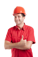 worker with red shirt and hard hat showing thumb up, isolated