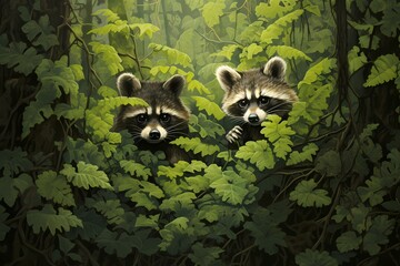 A pair of curious raccoons exploring a lush, green forest floor, their masked faces peeking out.