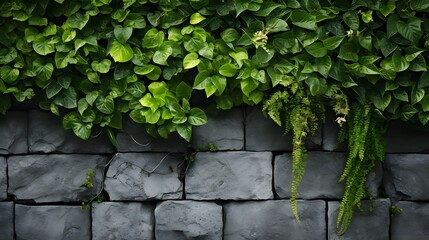 Green eco wall concept. Green ornamental plant on stone wall background. Sustainable building....