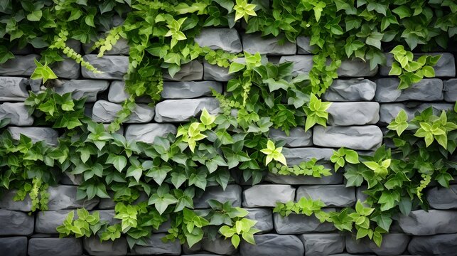 Green eco wall concept. Green ornamental plant on stone wall background. Sustainable building. Close to nature. Exterior architecture for decorative garden. Eco-friendly building. Clean environment. 