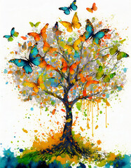Obraz na płótnie Canvas illustration of many colorful butterflies on and around a tree