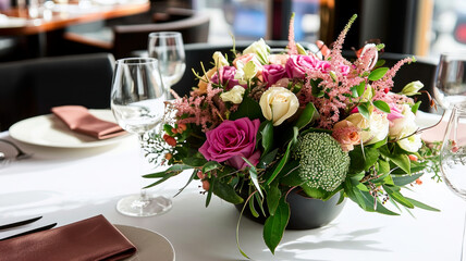Bouquet of flowers on restaurant table