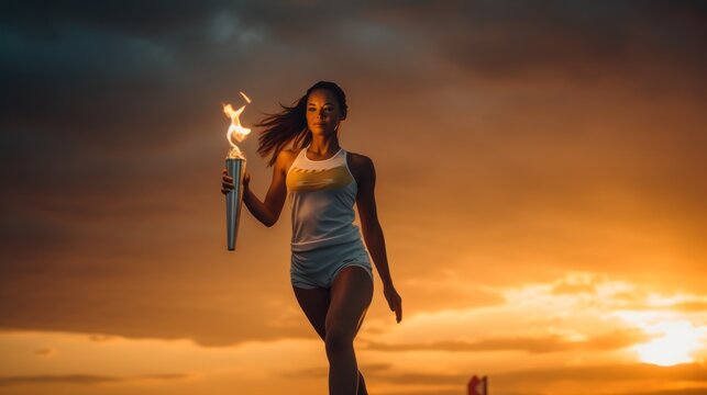 A female athlete runs with a torch, holding the Olympic flame against the sky.