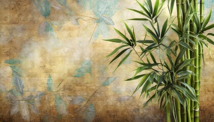 tropical plants with bamboo leaves on a textured rubbed background by kayami photo wallpaper in the interior - obrazy, fototapety, plakaty