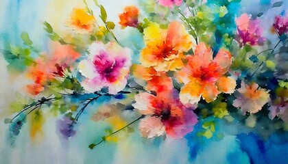 a branch of watercolor flowers an artistic drawing in bright colors on a textured background photo wallpaper in the interior