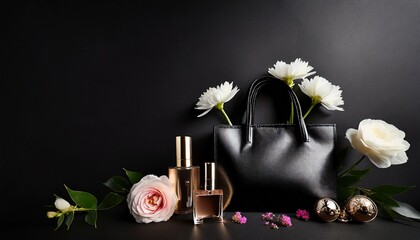Obraz na płótnie Canvas black friday sale concept black shopping bag purse cosmetics perfume and flowers on a black background mockup 