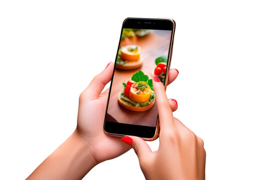 Woman holding a phone with a picture of a hamburger, food ordering concept. Isolation on transparent background