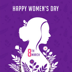 happy women's day square banner illustration with paper cut woman face and floral elements on purple background