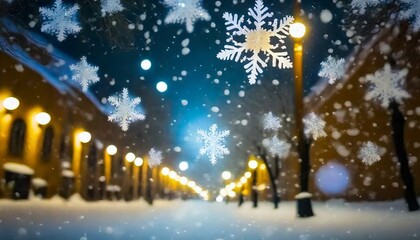snowflakes decorated on blurred background with night street light