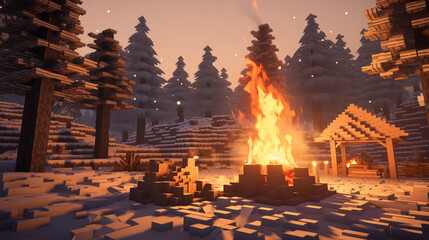 Minecraft Forest minecraft camp bonfire noon snow logs