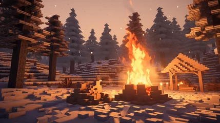 Door stickers Minecraft Minecraft Forest minecraft camp bonfire noon snow logs