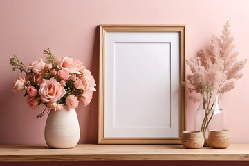 Empty wooden picture frame mockup on light pink wall background. Boho shaped vase, dry flowers on table. Working space, home office. Art, poster display. Modern interior, flower