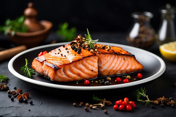 Delicious hot grilled salmon steak with spices on a black plate on a black table