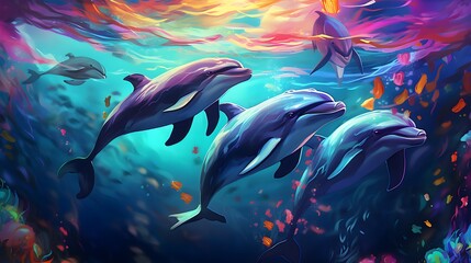 group of dolphins in colorful underwater, AI generative.group of dolphins in colorful underwater