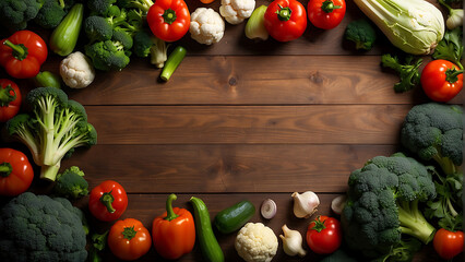 Composition of vegetables on a wooden background with copy space. Flat lay