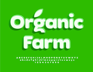 Vector eco advertisement Organic Farm. Pure White and Green 3D Font. Modern Alphabet Letters and Numbers set.