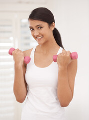 Woman, portrait and dumbbells for workout at gym, fitness and strong biceps or muscle growth. Happy female person, smiling and weights for exercise and training, equipment and tools for athlete