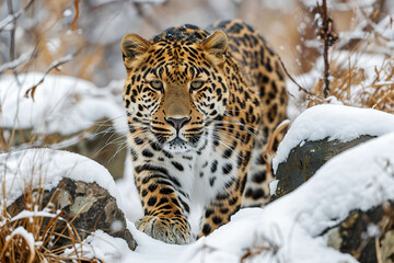 Fototapeta premium An Amur leopard crouched among snow-covered rocks.