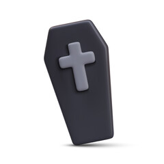 Front view on open coffin lid with gray cross on white background. Halloween element in black colors. Vector illustration in 3d style with shadow in cartoon style