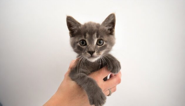 a little gray kitten was held in a human hand carefully shot in a studio 