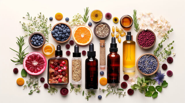 Trendy Collage made of Natural Cosmetics and Beauty Products for Body and Face Care. Fruit, Fresh, Eco Friendly and Beauty Spa Toiletries on colorful background.
