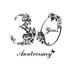 30 years anniversary. Happy birthday card. Celebration background with number thirty and place for your text.  Fresh spring tulip flowers. Template elements for your birthday party. illustration 