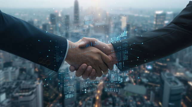 Digital Handshake Over City Skyline - Conceptual Business Partnership and Technology Integration in Modern City