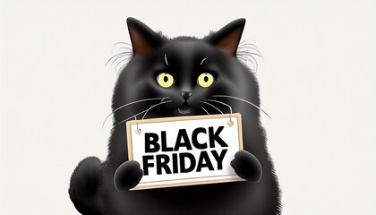 cute black fluffy cat holding a black friday sign vector illustration concept art mockup 