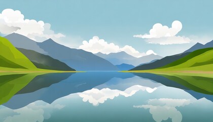 beautiful landscape with mountains and lake reflections in water and cloudy sky vector illustration in flat style 