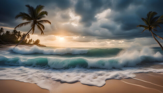Paradise on the Horizon: A Captivating Tropical Beach Panorama with Foamy Waves, Palm Trees, and a Dramatic Sunset Sky Painted in Dark Blue Clouds. Experience the Essence of a Summer Seascape