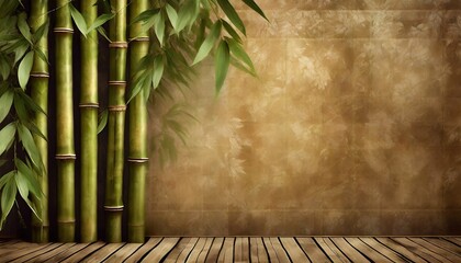texture shabby background which depicts bamboo cane and leaves photo wallpaper in the interior - obrazy, fototapety, plakaty