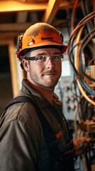 Electrician at work with a friendly smile, wearing hard hat. Work environment, showcasing the tools and equipment used in the electrical trade.