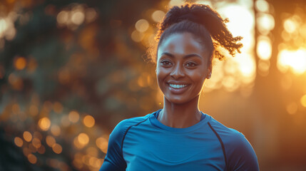Close up happy candid young black woman running jogging outdoors in nature 