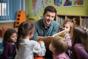 Young male teacher reading a book to a group of children in a kindergarten, selective focus