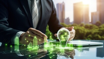 Human interaction of advanced technology based on AI hologram with greenery city concept, eco-friendly city with hologram network light bulb screen icons for energy source renewable.