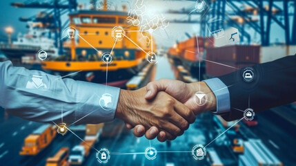Innovative Logistics Collaboration: Handshake and Digital Icons