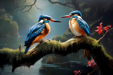 A pair of regal kingfishers perched on a branch above a glistening stream, ready to dive for fish.
