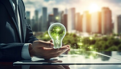 Human interaction of advanced technology based on AI hologram with greenery city concept, eco-friendly city with hologram network light bulb screen icons for energy source renewable.