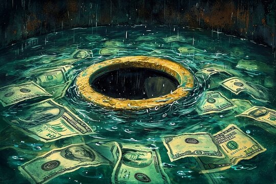 Money Down the Drain, Visualizing the financial drain, this illustration portrays money flowing down a literal drain, depicting the concept of wasteful spending and loss in unproductive endeavors
