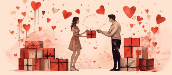 Hand drawn couple in valentines day moment gifts to each other with red balloons. Generate AI image