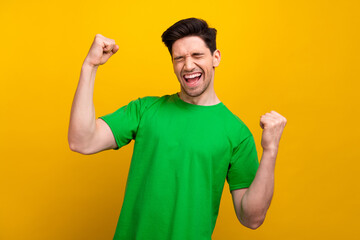 Photo of figurative ad financial success young funny businessman raised fists up amazing victory...