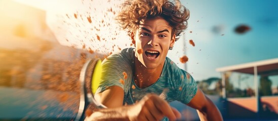 Dynamic image of young man, tennis player in motion during game, hitting ball with racket. Tennis court and fan zone. Concept of sport, competition, tournament, action - obrazy, fototapety, plakaty