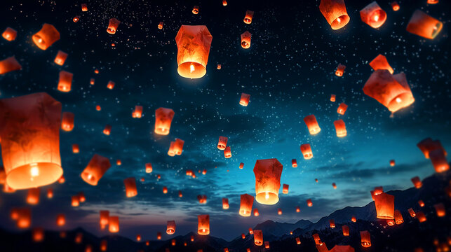 Night sky filled with flying paper lanterns scenery - ai generative