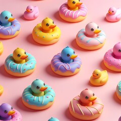 Colorful delicious donuts shaped like rubber ducks on a pastel pink background. Tasty dessert food concept in minimalism style. Wide screen wallpaper. Panoramic web banner with copy space for design.