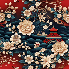 Seamless Pattern Chinese New Year with Object Flower, Tower on Red Background - Generative Ai