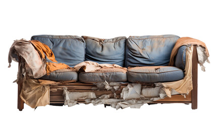  front view of a torn, tattered, and old sectional sofa isolated on a white transparent  background