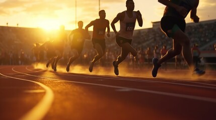 men sprinters run on track stadium in athletics competition. Female athletes running - obrazy, fototapety, plakaty