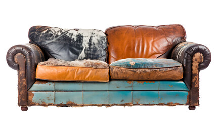 front view of a torn, tattered, and old two-tone sofa isolated on a white transparent background 